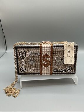 Rhinestone Dollar Bill Clutch Evening Bag Gold Chain Crossbody Bling Purse NWT